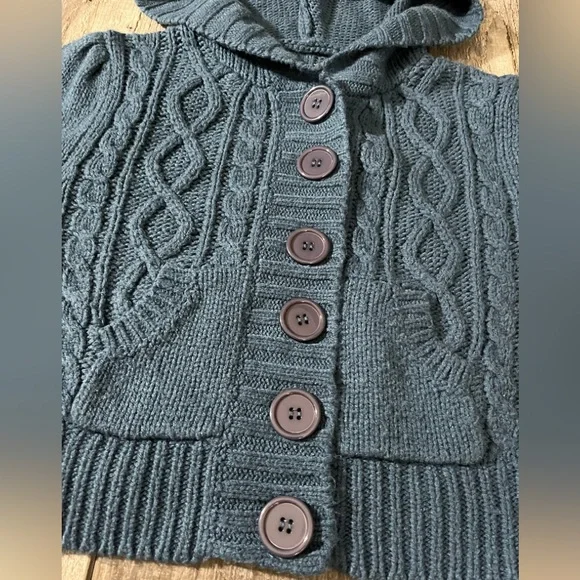 Love Rocks Midnight Blue Hooded Button Down Cableknit Cropped Sweater - M - Picture 3 of 12